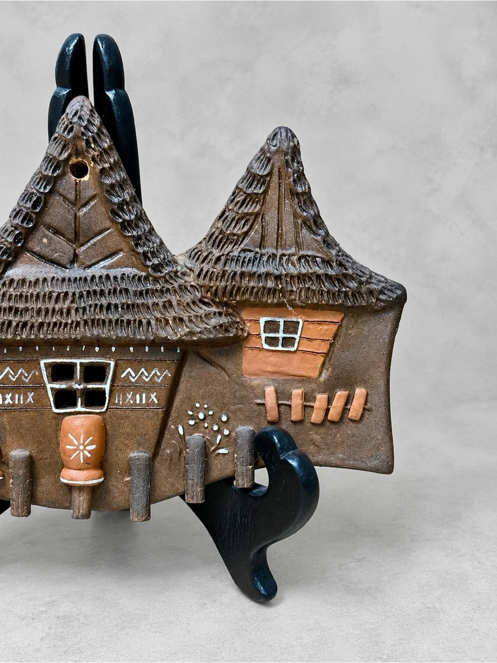 Vintage Handmade Ceramic Folk Art Village Wall Plaque Rustic Cottage Brown 7”
